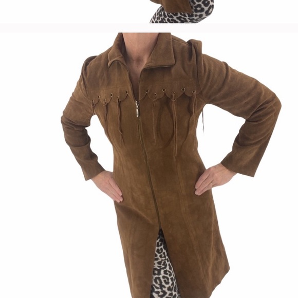 Faux Suede long brown coat with fringe size medium - Picture 4 of 12